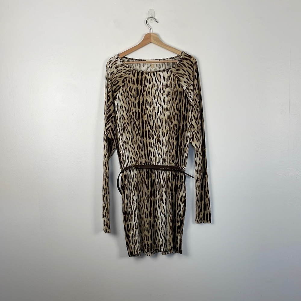 Michael Michael Kors long sleeve elastic belted waist pullover cheetah dress Med